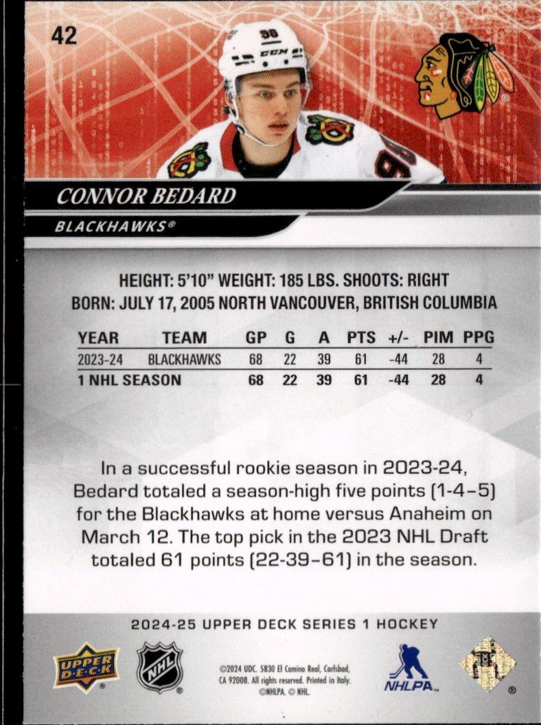 2024-25 Upper Deck Series 1 Hockey Base #42 – Connor Bedard (Chicago Blackhawks)