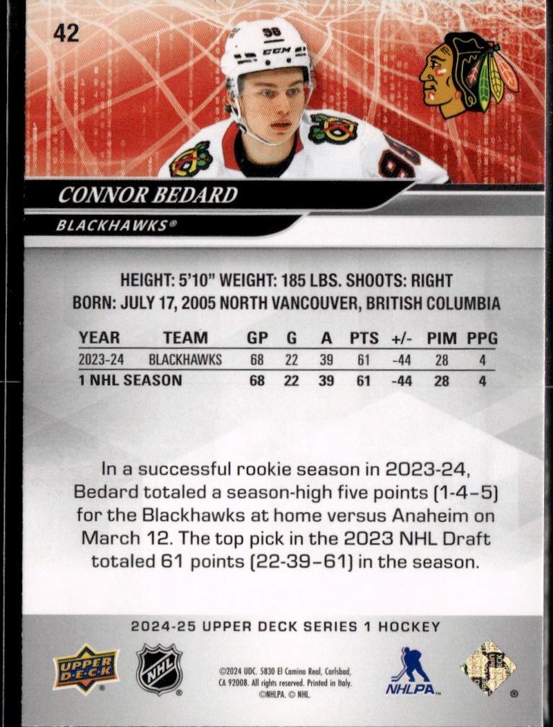 2024-25 Upper Deck Series 1 Hockey Base #42 – Connor Bedard (Chicago Blackhawks)