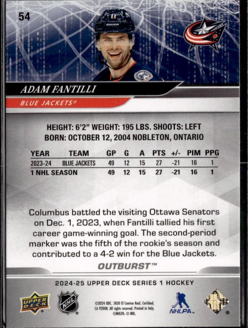 2024-25 Upper Deck Series 1 Hockey Base Silver Outburst #54 – Adam Fantilli (Columbus Blue Jackets)