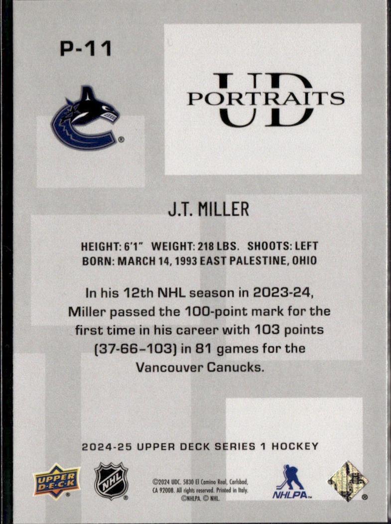 2024-25 Upper Deck Series 1 Hockey UD Portraits #P-11 – J.T. Miller (Vancouver Canucks)