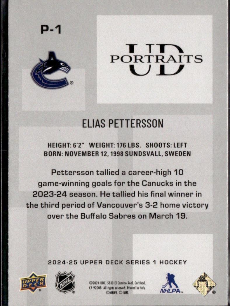 2024-25 Upper Deck Series 1 Hockey UD Portraits #P-1 – Elias Pettersson (Vancouver Canucks)