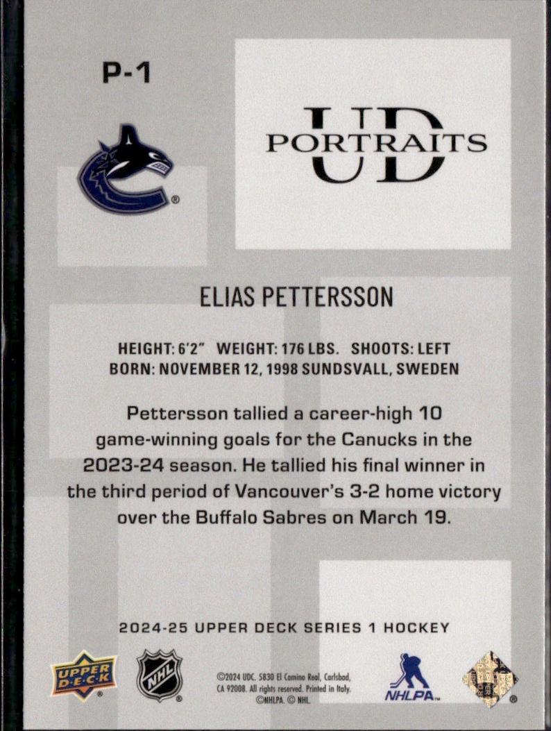 2024-25 Upper Deck Series 1 Hockey UD Portraits #P-1 – Elias Pettersson (Vancouver Canucks)