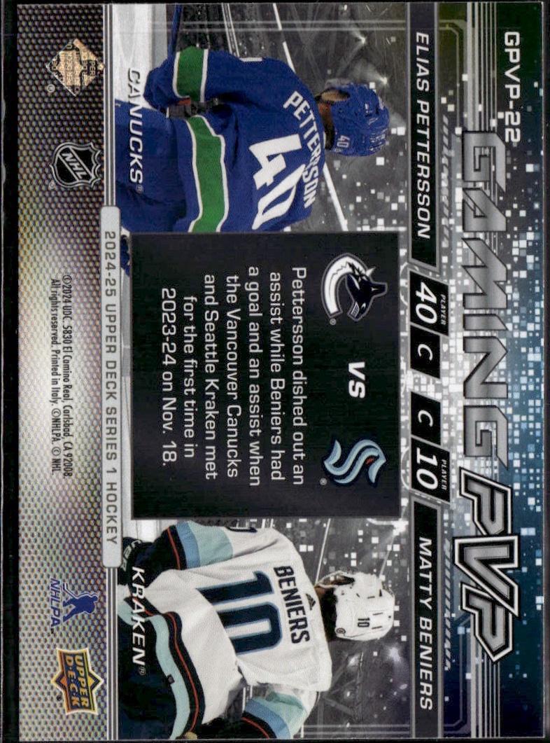 2024-25 Upper Deck Series 1 Hockey Gaming PVP #GPVP-22 – Elias Pettersson / Matty Beniers  (Vancouver Canucks, Seattle kraken)