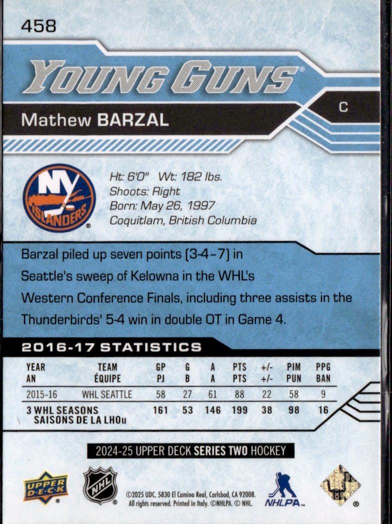 2024-25 Upper Deck Series 2 Hockey Young Guns Renewed #458 New York Islanders (Mathew Barzal)