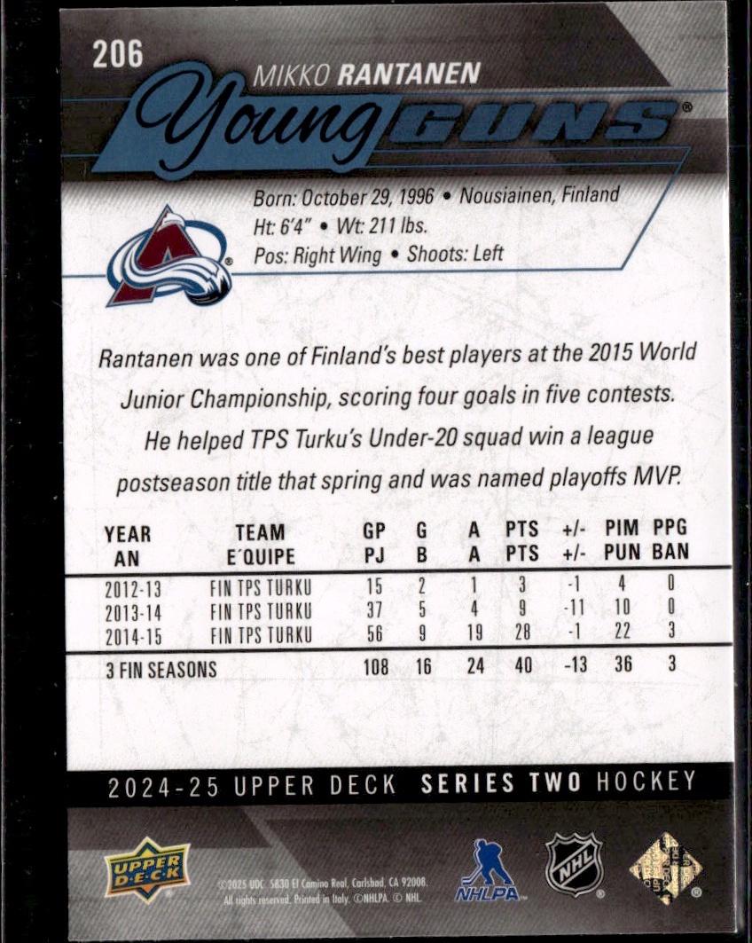 2024-25 Upper Deck Series 2 Hockey Young Guns Renewed (Series Two) #206 Colorado Avalanche