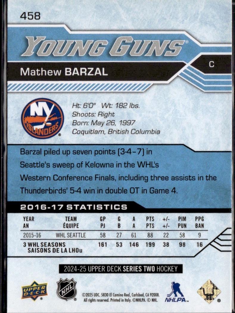 2024-25 Upper Deck Series 2 Hockey Young Guns Renewed #458 New York Islanders (Matthew Barzal)