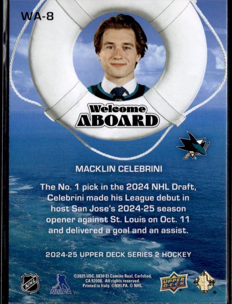 2024-25 Upper Deck Series 2 Hockey Welcome Aboard #WA-8 San Jose Sharks (Macklin Celebrini)