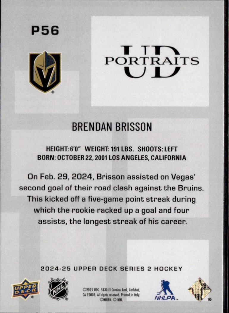 2024-25 Upper Deck Series 2 Hockey UD Portraits #P56 Vegas Golden Knights (Brendan Bisson)