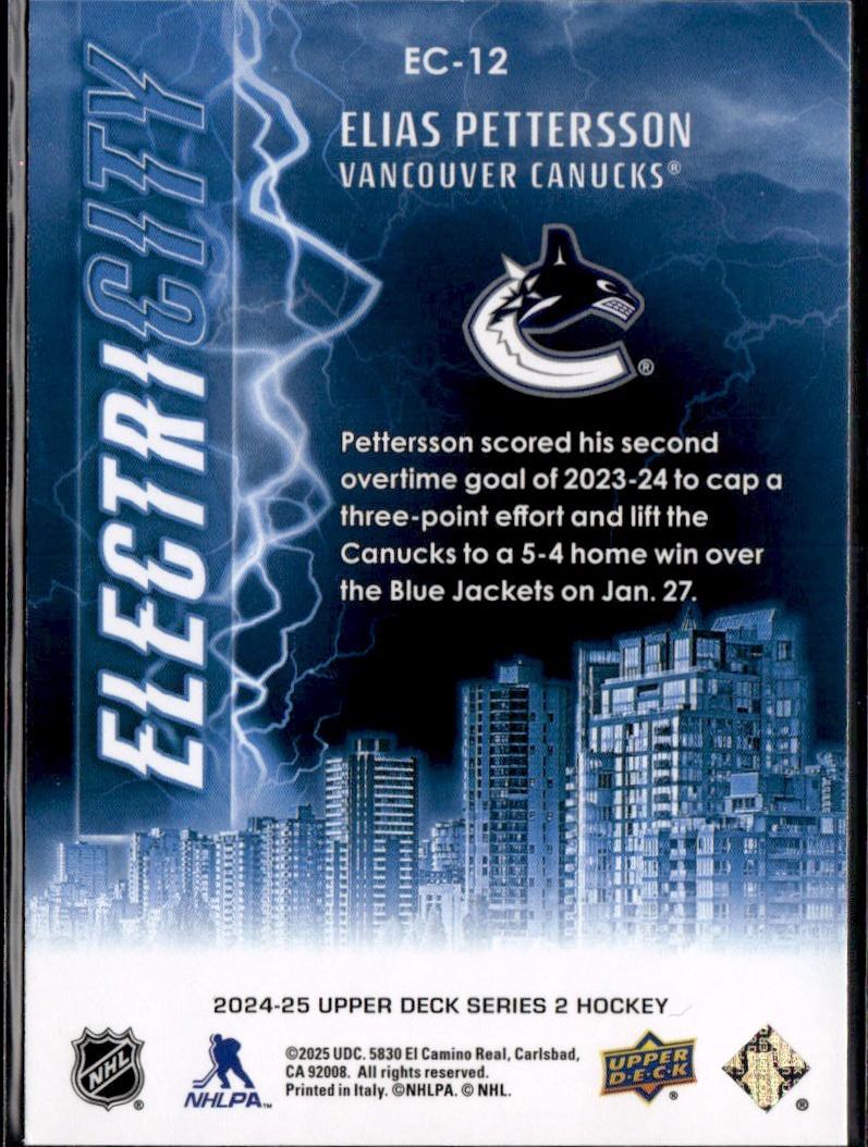 2024-25 Upper Deck Series 2 Hockey ElectriCITY #EC-12 Vancouver Canucks (Elias Pettersson)