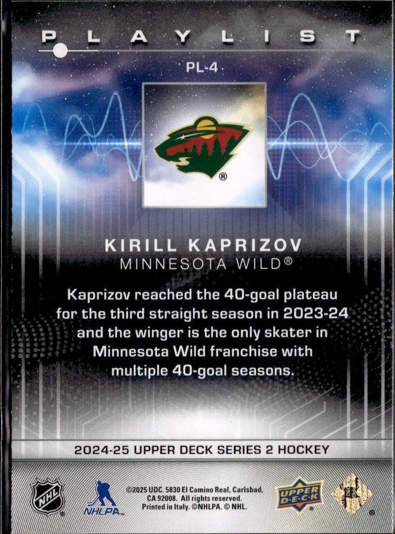 2024-25 Upper Deck Series 2 Hockey Playlist #PL-4 Minnesota Wild (Kirill Kaprizov)