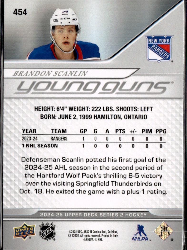 2023-24 Upper Deck Extended Series Hockey Base Young Guns #454 – Brandon Scanlin (New York Rangers)