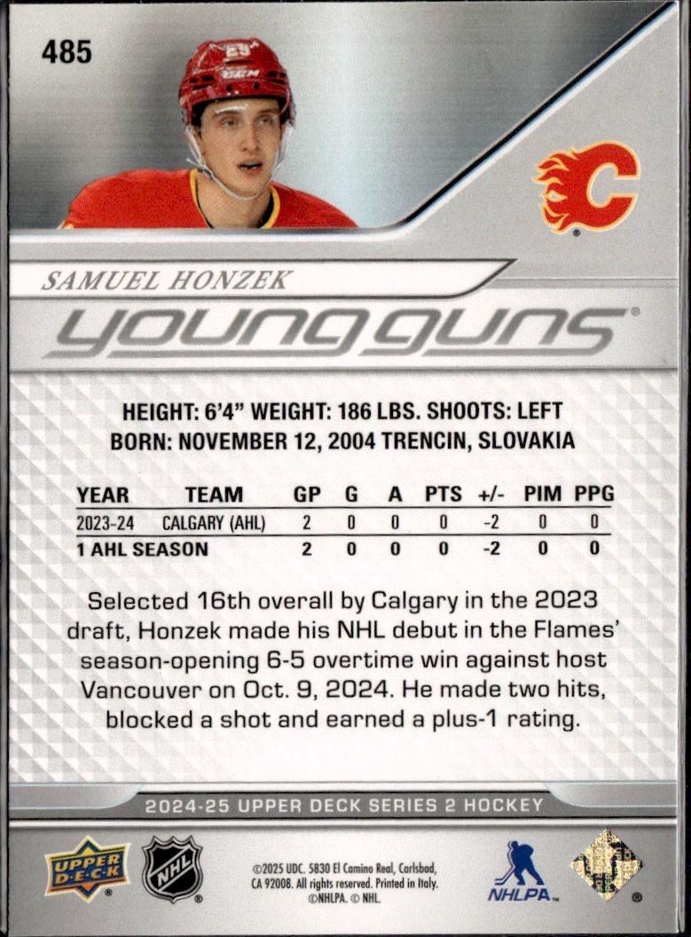 2023-24 Upper Deck Extended Series Hockey Base Young Guns #485 – Samuel Honzek (Calgary Flames)