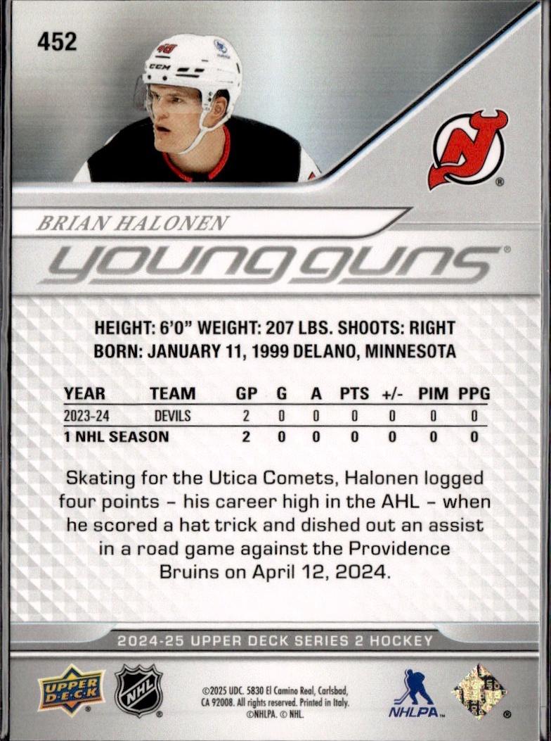 2023-24 Upper Deck Extended Series Hockey Base Young Guns #452 – Brian Halonen (New Jersey Devils)