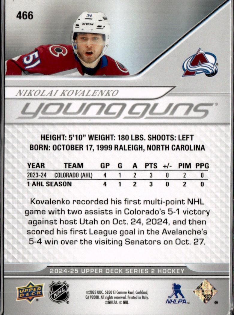 2023-24 Upper Deck Extended Series Hockey Base Young Guns #466 – Nikolai Kovalenko (Colorado Avalanche)
