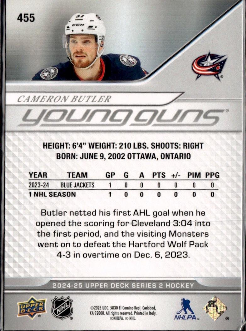 2023-24 Upper Deck Extended Series Hockey Base Young Guns #455 – Cameron Butler (Columbus Blue Jackets)