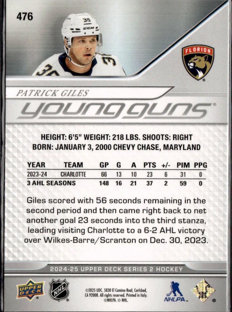2023-24 Upper Deck Extended Series Hockey Base Young Guns #476 – Patrick Giles (Florida Panthers)