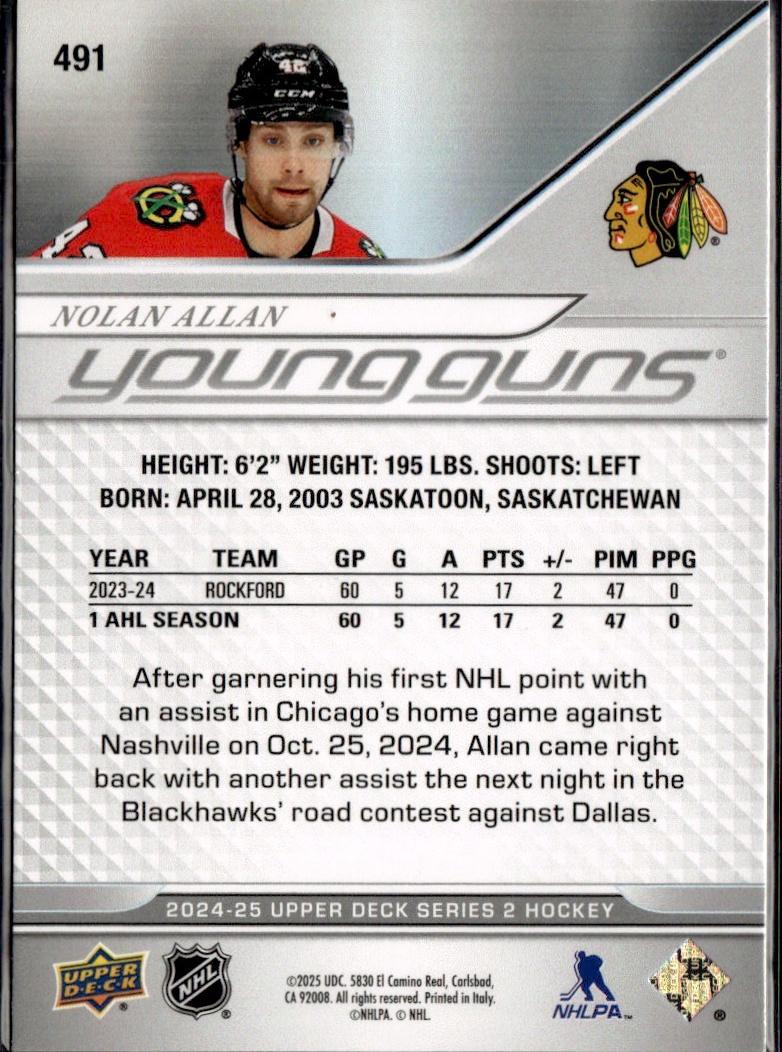 2023-24 Upper Deck Extended Series Hockey Base Young Guns #491 – Nolan Allan (Chicago Blackhawks)