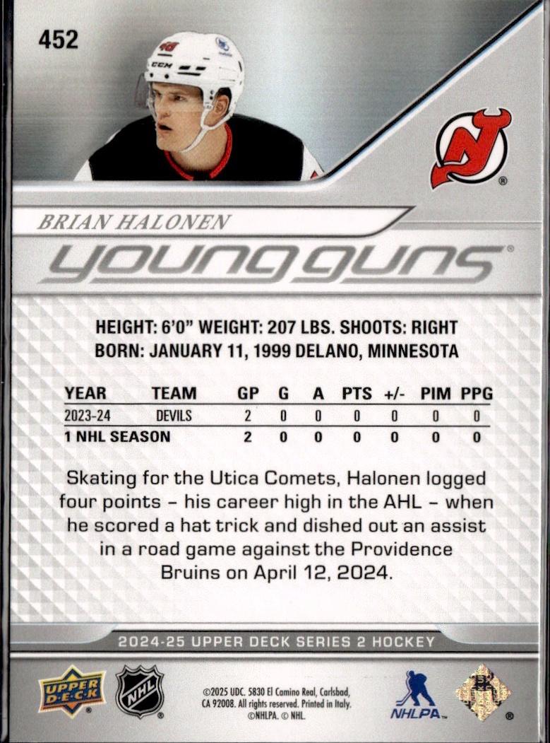 2023-24 Upper Deck Extended Series Hockey Base Young Guns #452 – Brian Halonen (New Jersey Devils)