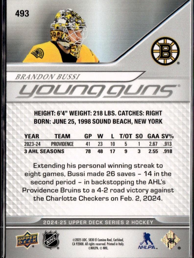 2023-24 Upper Deck Extended Series Hockey Base Young Guns #493 – Brandon Bussi (Boston Bruins)