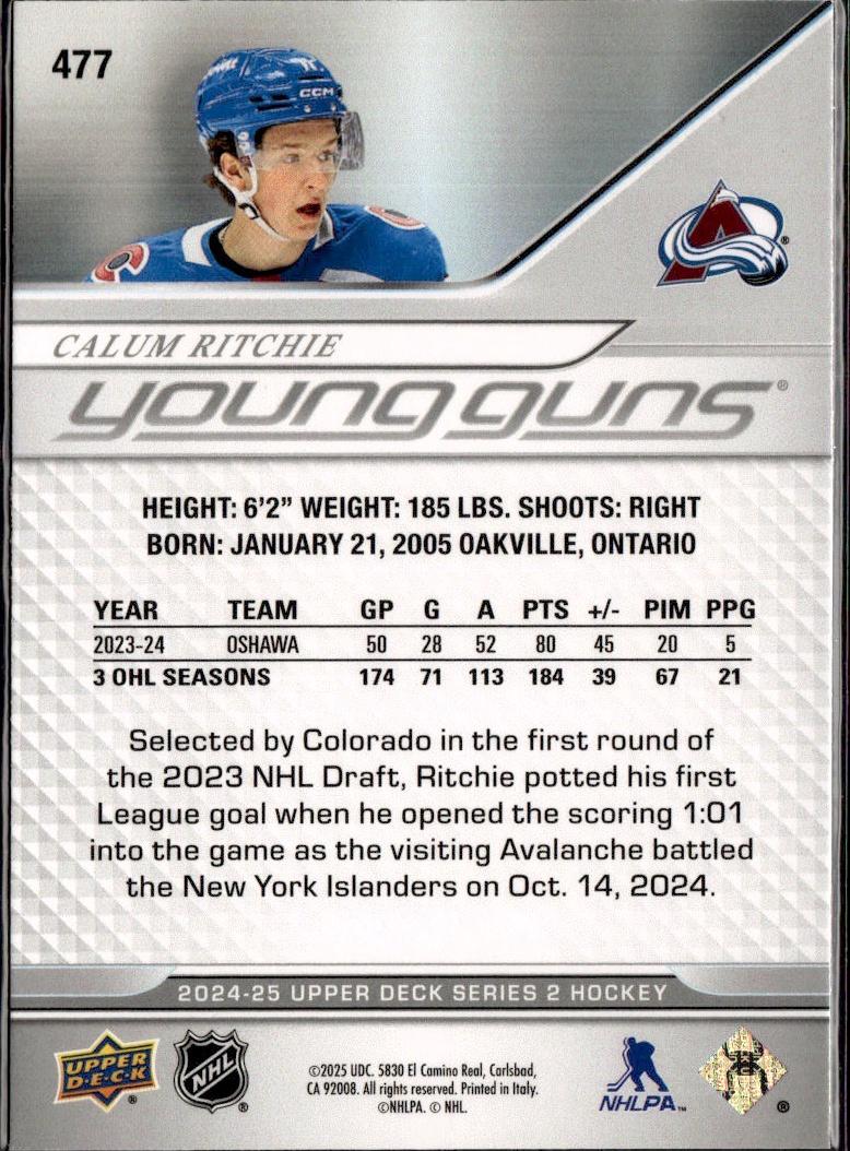 2023-24 Upper Deck Extended Series Hockey Base Young Guns #477 – Calum Ritchie (Colorado Avalanche)