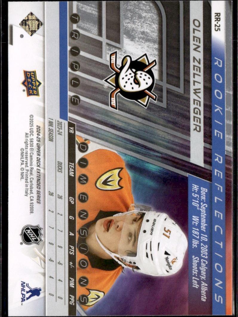 2024-25 Upper Deck Extended Series Hockey Rookie Reflections #RR-25 Anaheim Ducks (Olen Zellweger)