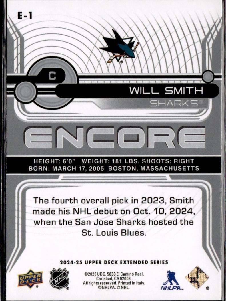 2024-25 Upper Deck Extended Series Hockey Encore #E-1 San Jose Sharks (Will Smith)