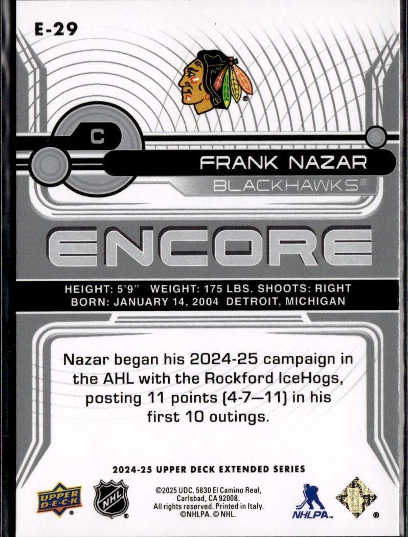 2024-25 Upper Deck Extended Series Hockey Encore #E-29 Chicago Blackhawks (Frank Nazar)