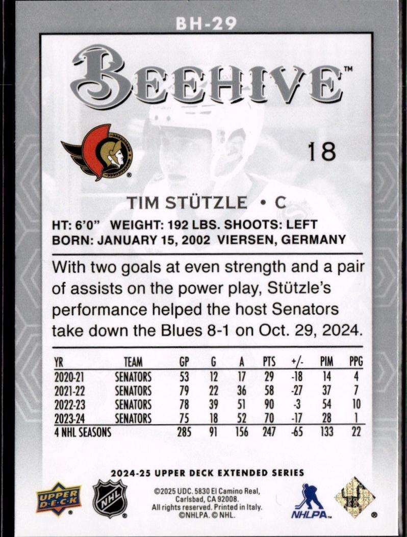 2024-25 Upper Deck Extended Series Hockey Beehive #BH-29 Ottawa Senators (Tim Stutzle)