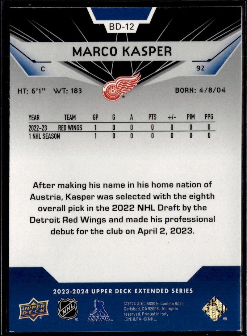 2023-24 Upper Deck Extended Series Hockey 2007-08 Black Diamond Retros #BD-12 Detroit Red Wings (Marco Kasper)