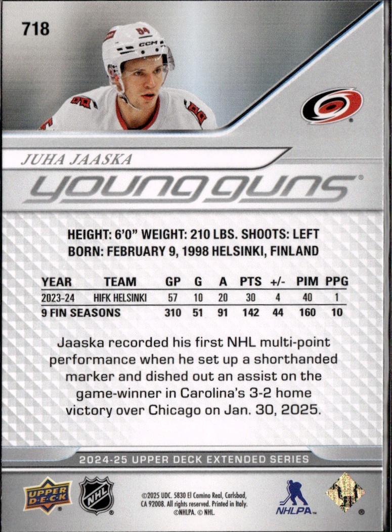 2024-25 Upper Deck Extended Series Hockey Base Young Guns #718 Carolina Hurricanes (Juha Jaaska)