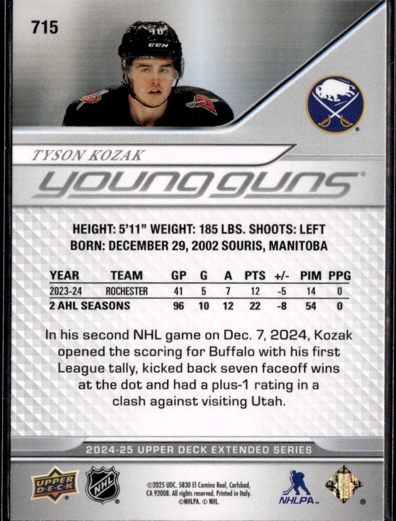 2024-25 Upper Deck Extended Series Hockey Base Young Guns #715 Buffalo Sabres (Tyson Kozak)