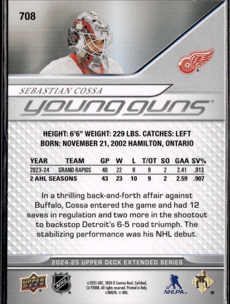 2024-25 Upper Deck Extended Series Hockey Base Young Guns Deluxe #/250 #708 Detroit Red Wings (Sebastian Cossa)