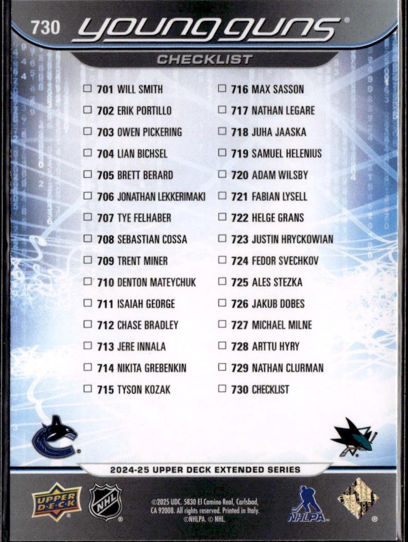 2024-25 Upper Deck Extended Series Hockey Base Young Guns #730 Vancouver Canucks, San Jose Sharks (Young Guns Checklist (Jonathan Lekkerimaki / Will Smith) YG, CL)