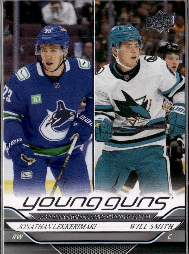 2024-25 Upper Deck Extended Series Hockey Base Young Guns #730 Vancouver Canucks, San Jose Sharks (Young Guns Checklist (Jonathan Lekkerimaki / Will Smith) YG, CL)