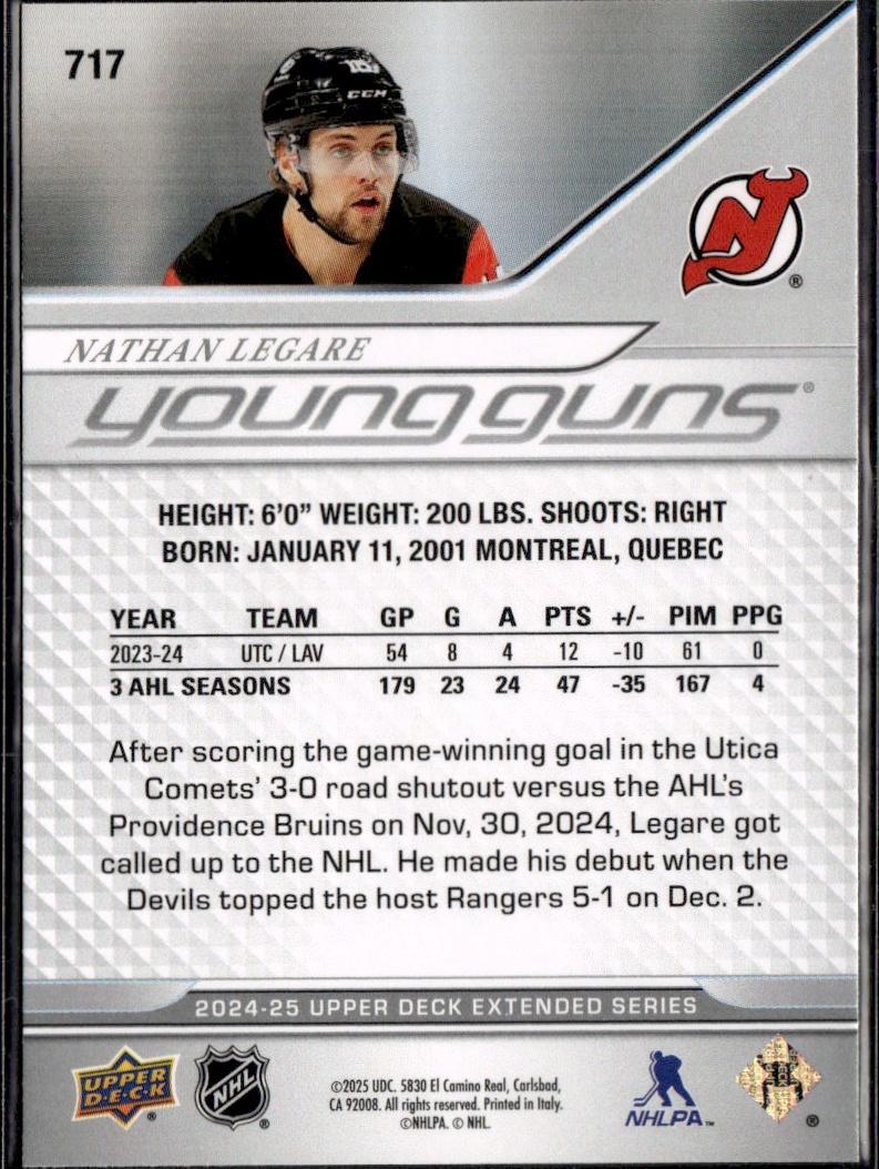 2024-25 Upper Deck Extended Series Hockey Base Young Guns #717 New Jersey Devils (Nathan Legare)