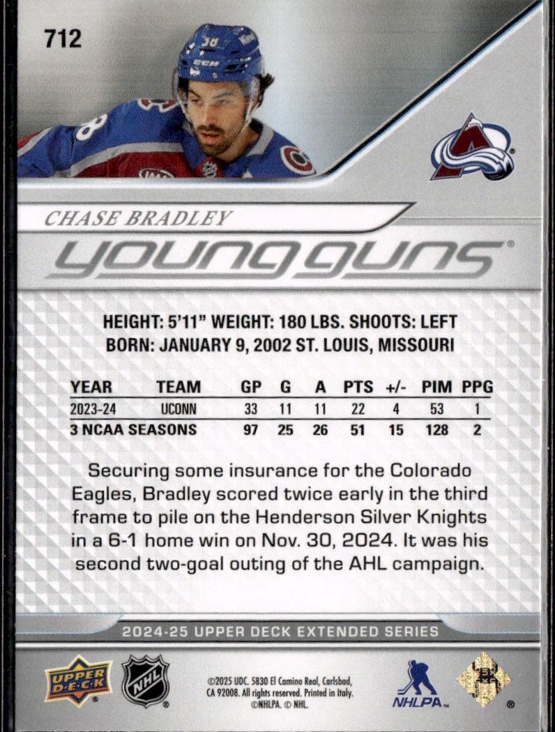 2024-25 Upper Deck Extended Series Hockey Base Young Guns #712 Colorado Avalanche (Chase Bradley)