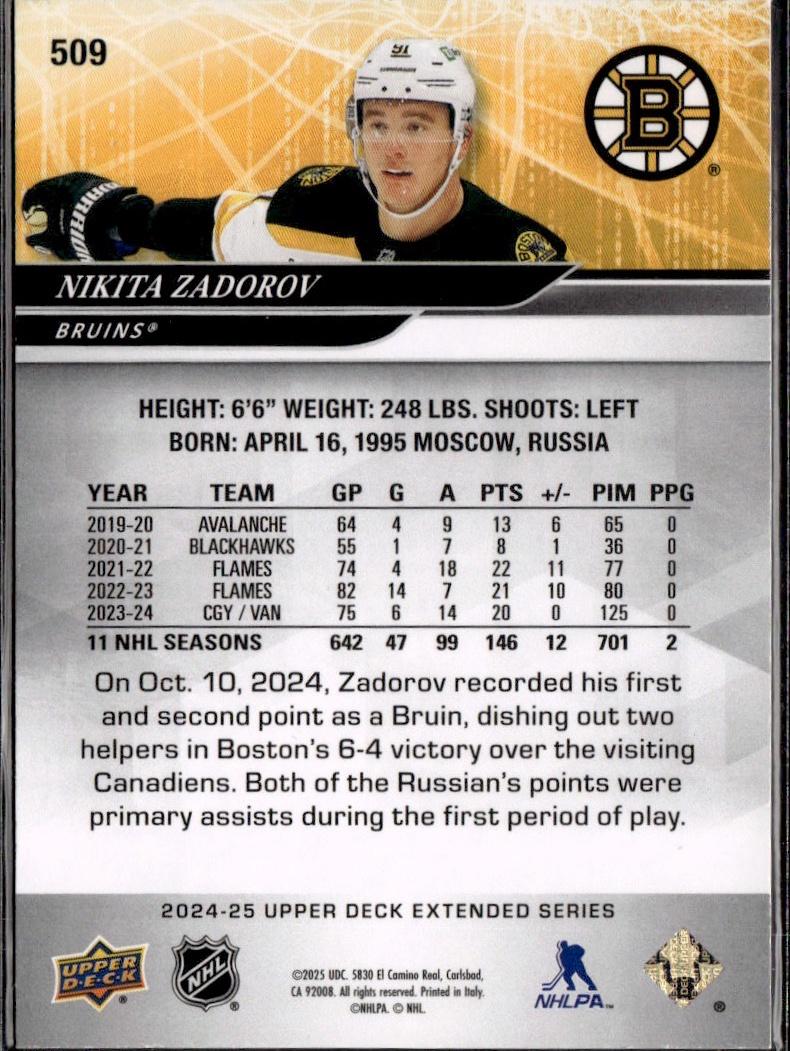 2024-25 Upper Deck Extended Series Hockey Base Deluxe #/250 #509 Boston Bruins (Nikita Zadorov)