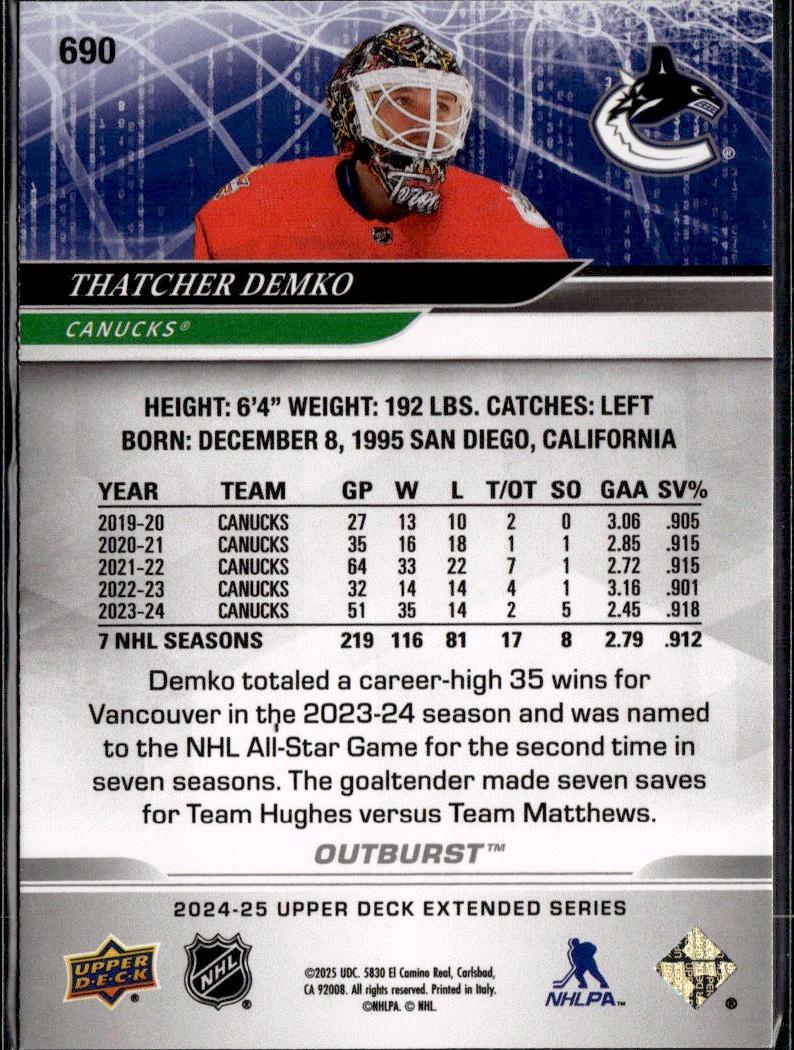 2024-25 Upper Deck Extended Series Hockey Base Outburst Silver #690 Vancouver Canucks (Thatcher Demko)