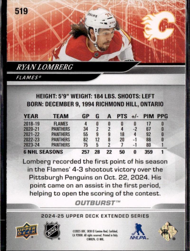 2024-25 Upper Deck Extended Series Hockey Base Outburst Silver #519 Calgary Flames (Ryan Lomberg)