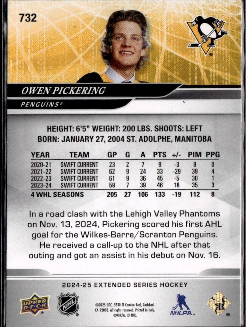 2024-25 Upper Deck Extended Series Hockey Base #732 Pittsburgh Penguins (Owen Pickering)