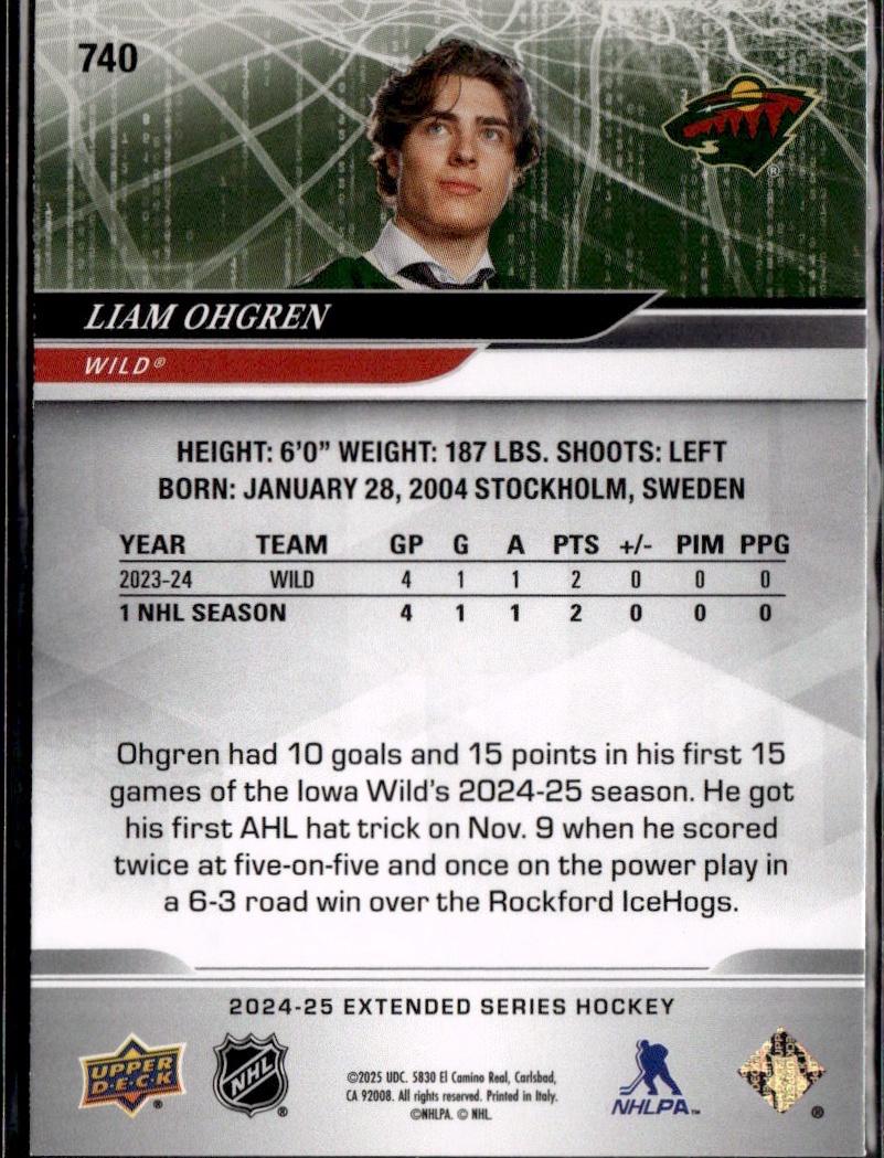 2024-25 Upper Deck Extended Series Hockey Base #740 Minnesota Wild (Liam Ohgren)