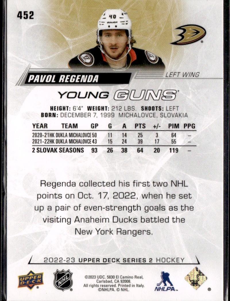2022-23 Upper Deck Series 2 Hockey Base Young Guns #452 Anaheim Ducks (Pavol Regenda)