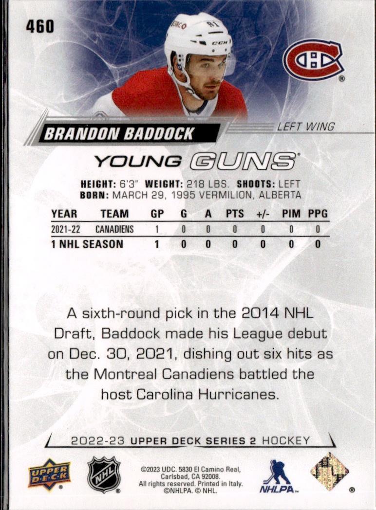 2022-23 Upper Deck Series 2 Hockey Base Young Guns #460 Montreal Canadiens (Brandon Baddock)