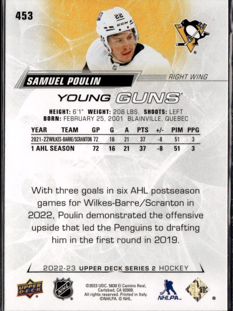 2022-23 Upper Deck Series 2 Hockey Base Young Guns #453 Pittsburgh Penguins (Samuel Poulin)