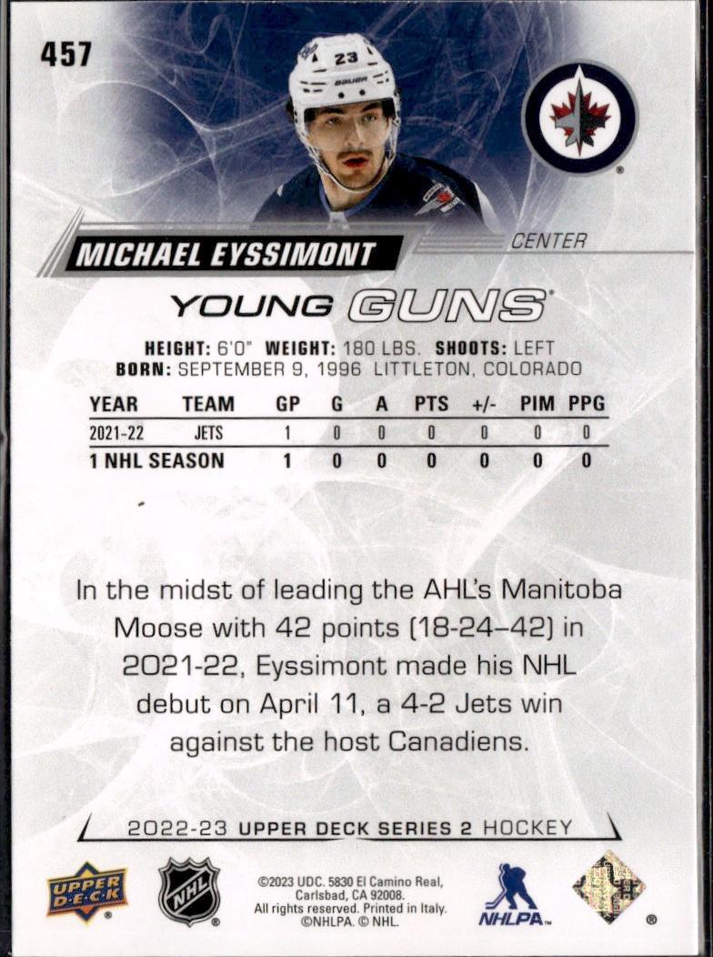 2022-23 Upper Deck Series 2 Hockey Base Young Guns #457 Winnipeg Jets (Michael Eyssimont)
