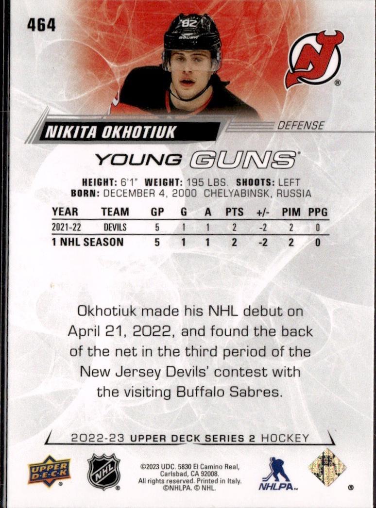 2022-23 Upper Deck Series 2 Hockey Base Young Guns #464 New Jersey Devils (Nikita Okhotiuk)
