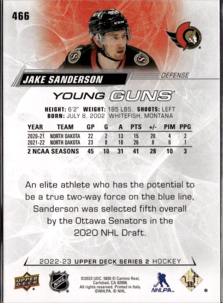 2022-23 Upper Deck Series 2 Hockey Base Young Guns #466 Ottawa Senators (Jake Sanderson)