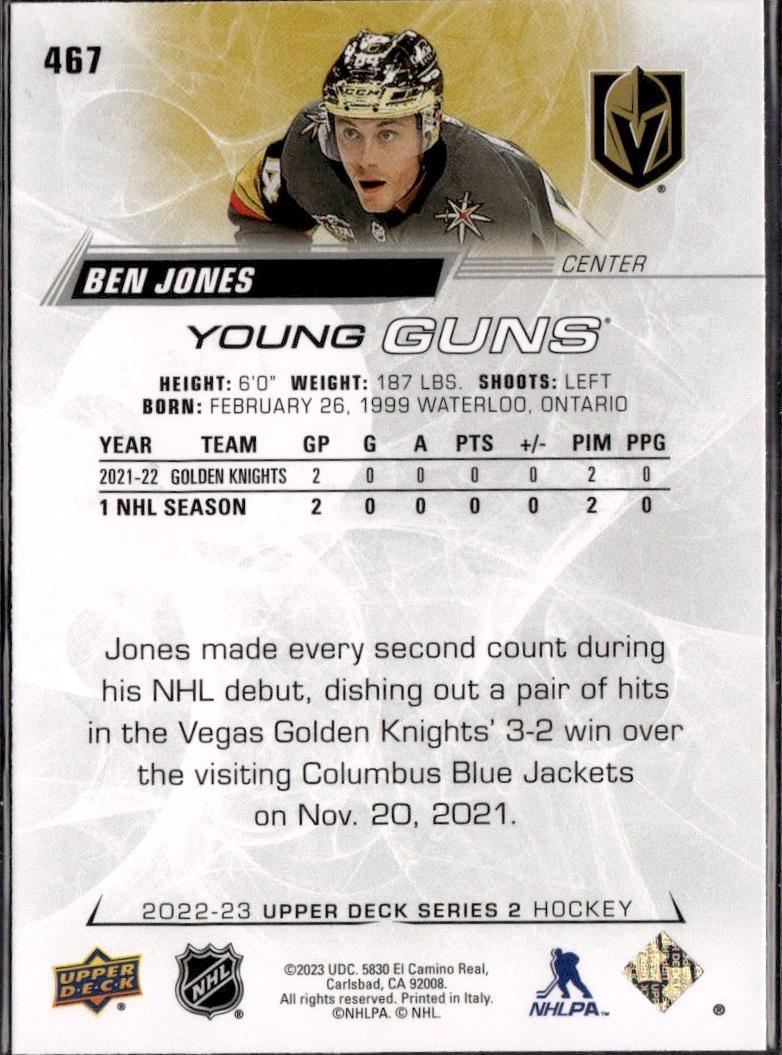 2022-23 Upper Deck Series 2 Hockey Base Young Guns #467 Vegas Golden Knights (Ben Jones)