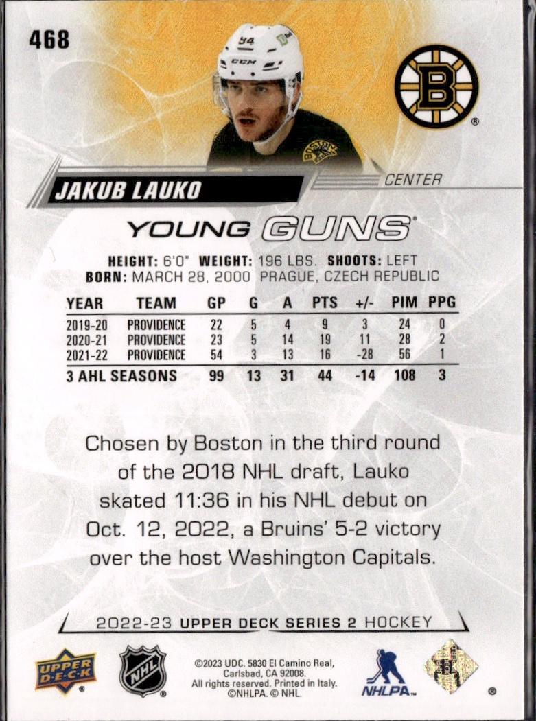 2022-23 Upper Deck Series 2 Hockey Base Young Guns #468 Boston Bruins (Jakub Lauko)