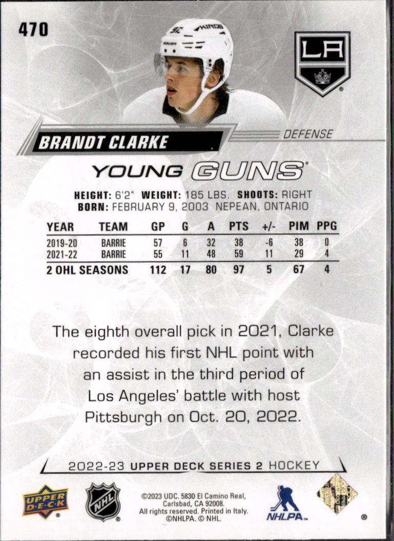 2022-23 Upper Deck Series 2 Hockey Base Young Guns #470 Los Angeles Kings (Brandt Clarke)